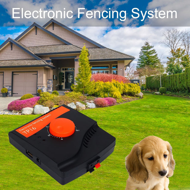 Wireless Electronic Dog Fence System by eprolo featuring the electronic transmitter unit outdoors with a garden background. Perfect for pet safety.